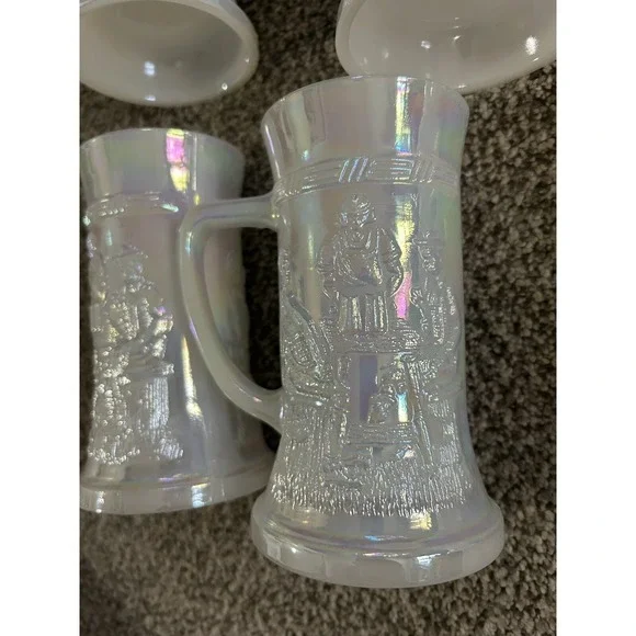 6-PC Vintage White Glazed Glass Pub Tavern Beer Stein Tankard Mug Iridescent - Picture 4 of 9